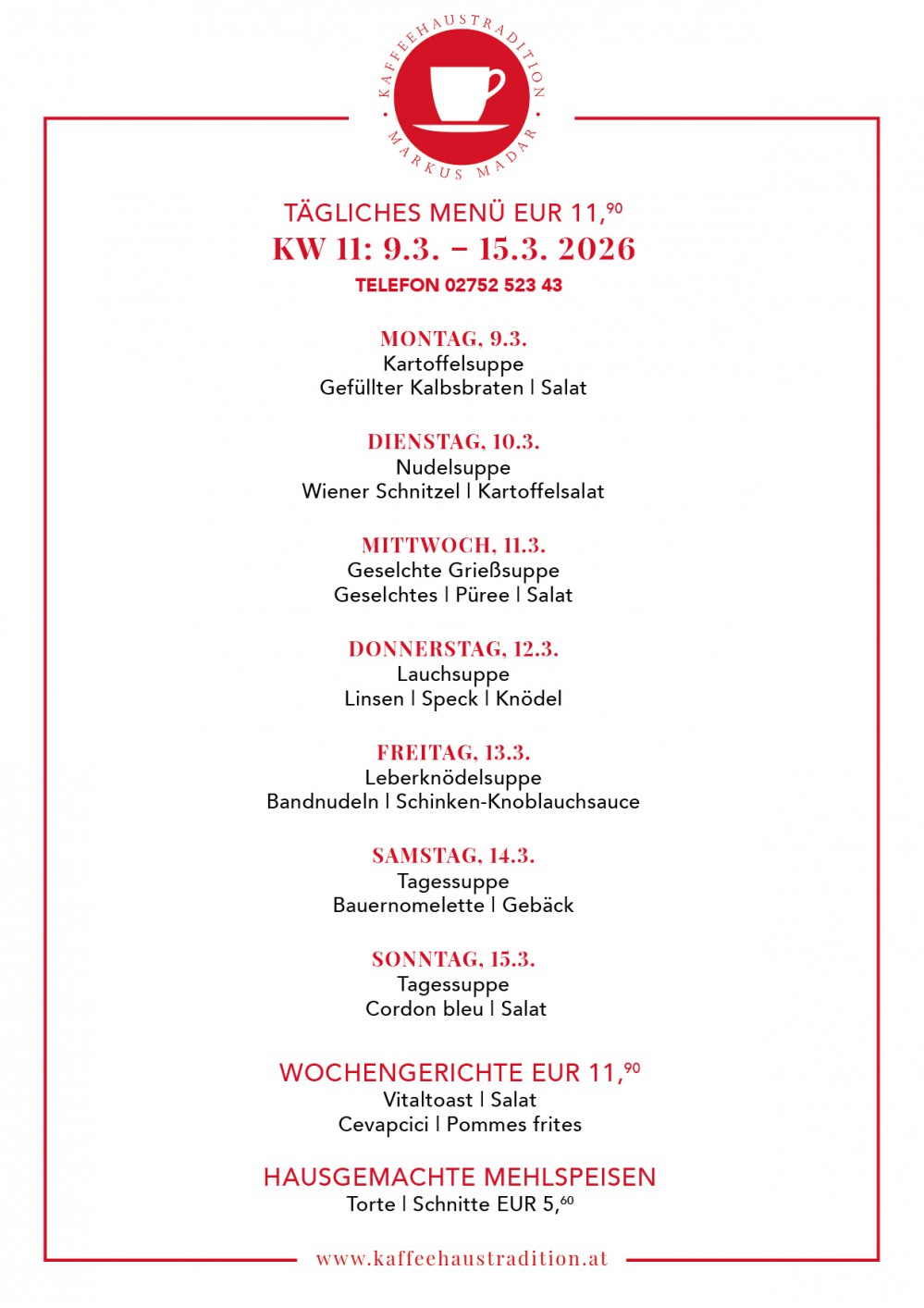 Menüplan KW11 - 9.-15.3 - 365 Tage Ãsterreichische Küche - Lieferservice in Melk - jetzt anrufen - +43275252343