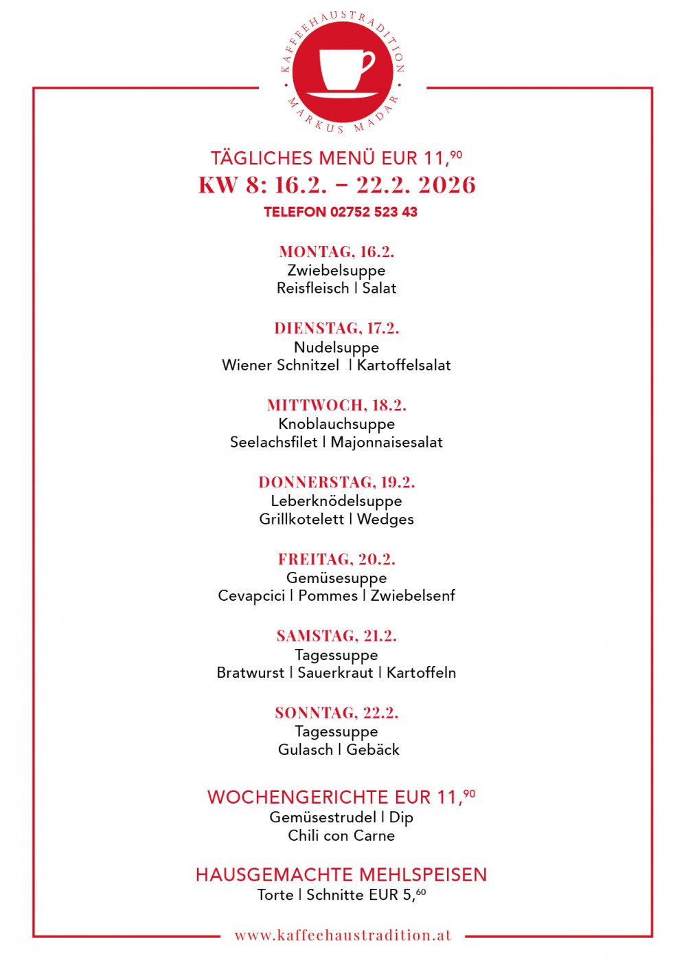 365 Tage Ãsterreichische Küche - Menüplan KW 8 - Lieferservice in Melk